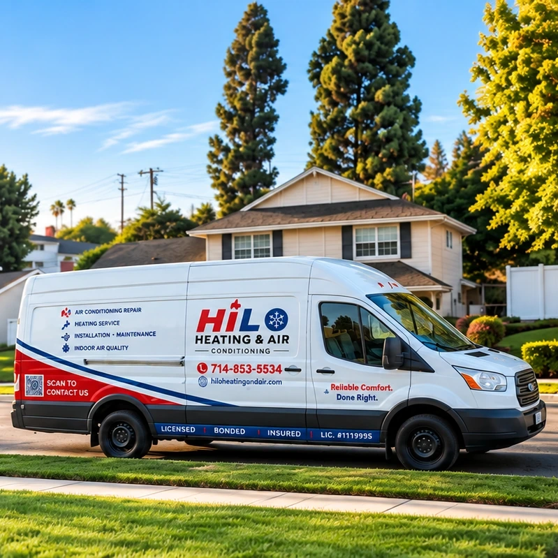 HiLo Heating &amp; Air branded service van on a sunlit suburban street in Orange County