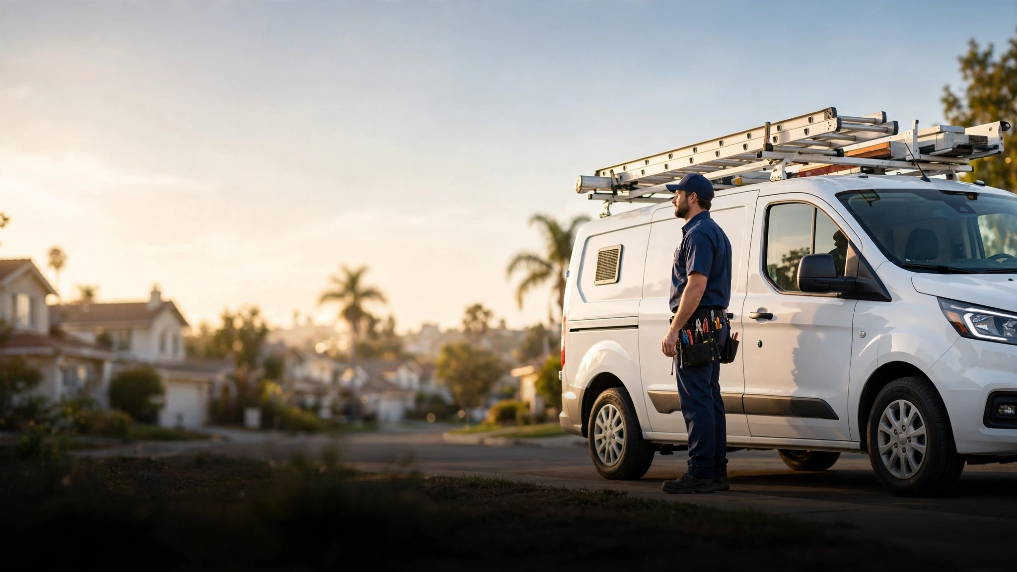 HiLo Heating & Air HVAC technician with service van in an Orange County neighborhood