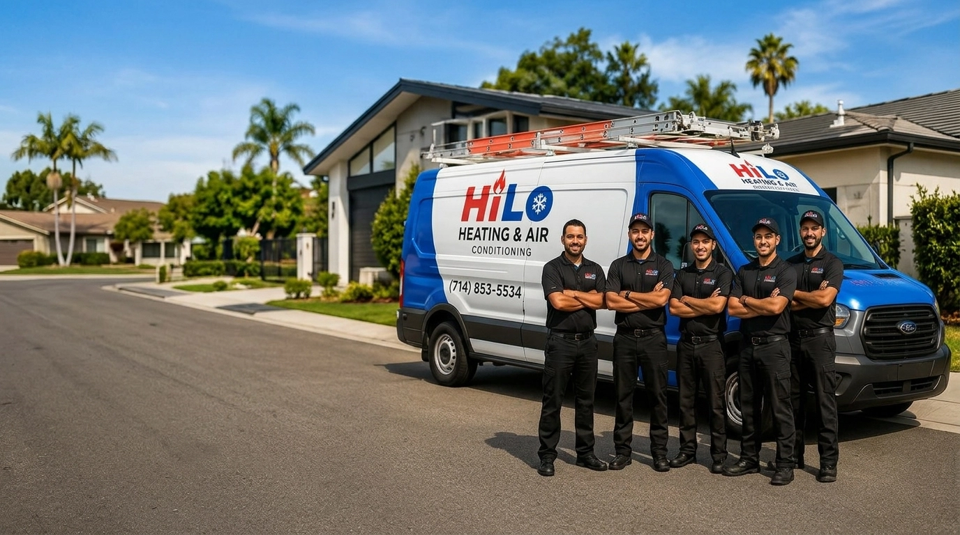 HiLo Heating & Air team standing in front of service van in Orange County neighborhood