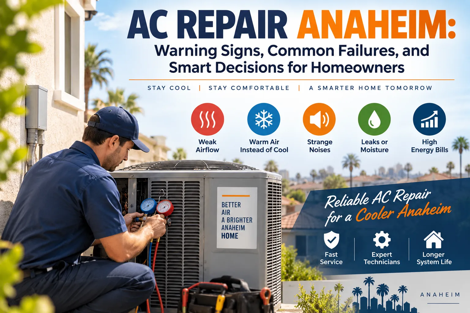 AC repair technician working on a residential air conditioning unit in Anaheim