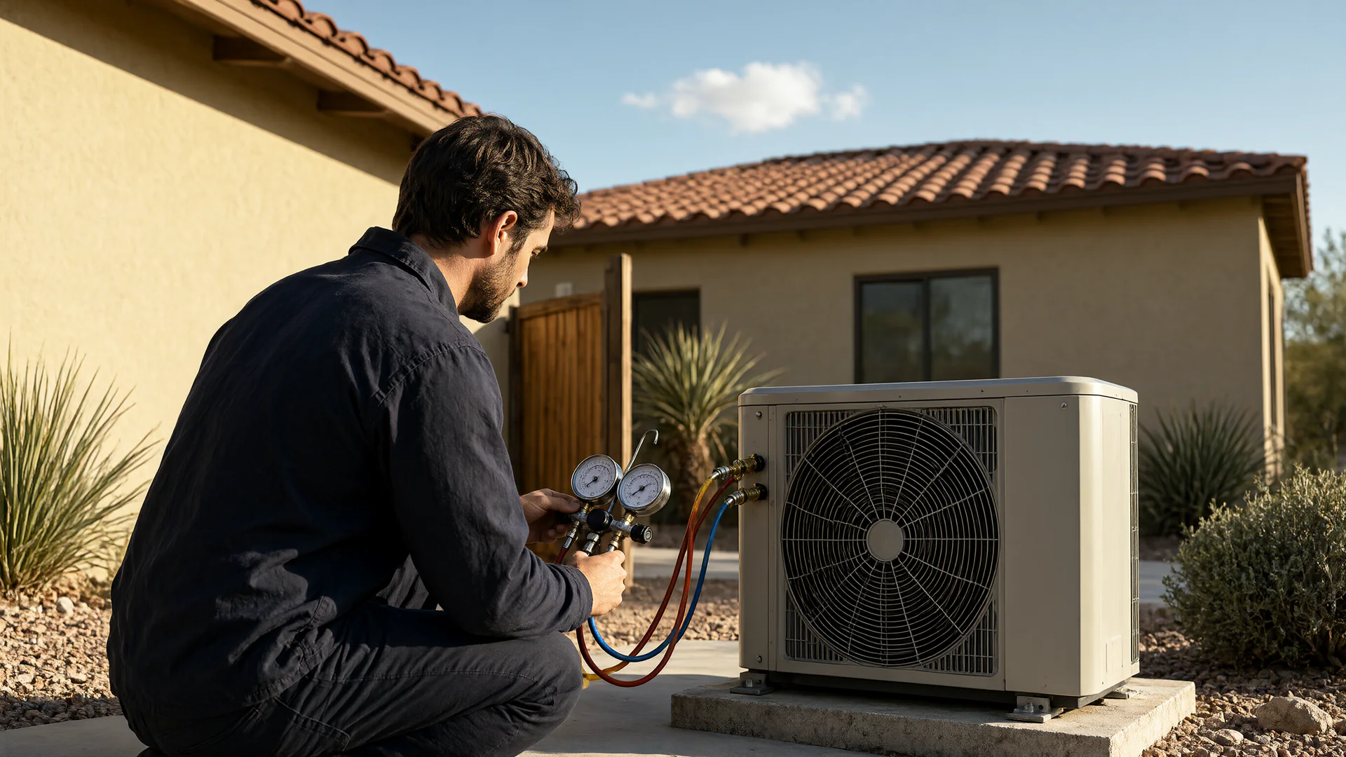 HVAC technician checking a modern heat pump condenser beside a stucco Orange County home in warm afternoon light