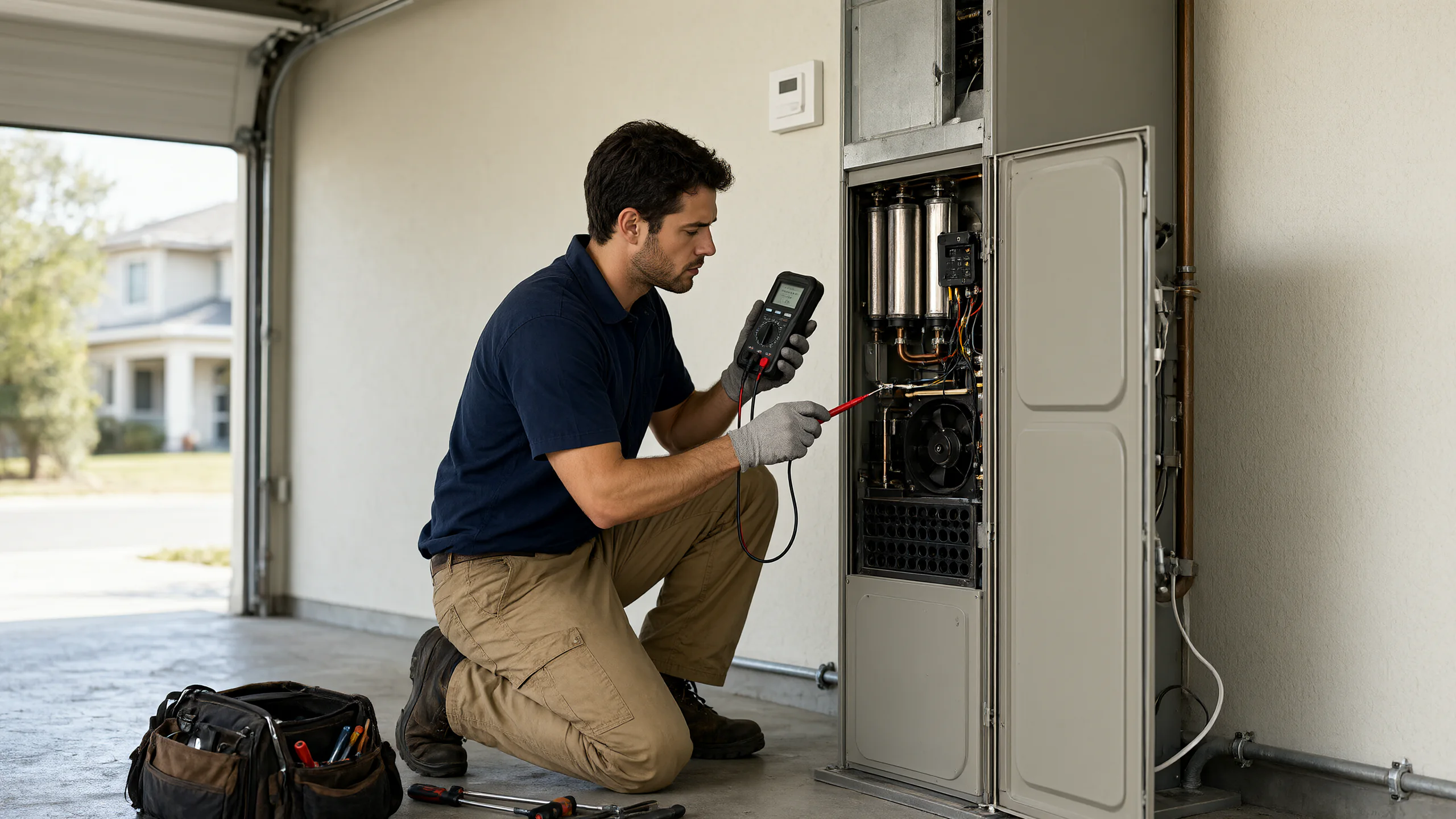 HVAC technician testing a residential gas furnace with a multimeter in a Southern California garage