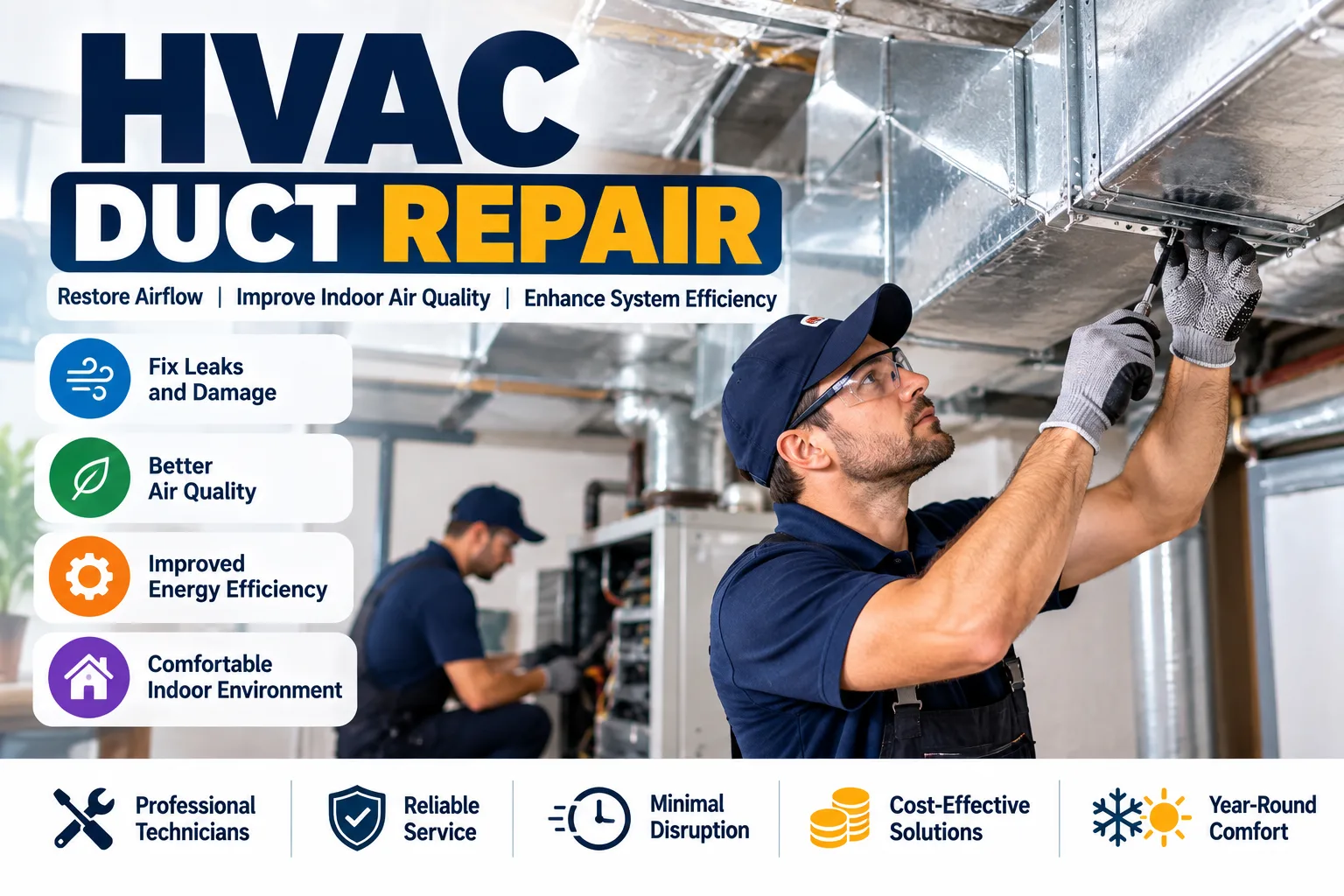 HVAC technician repairing metal ductwork in an attic during a duct repair job in Stanton, CA