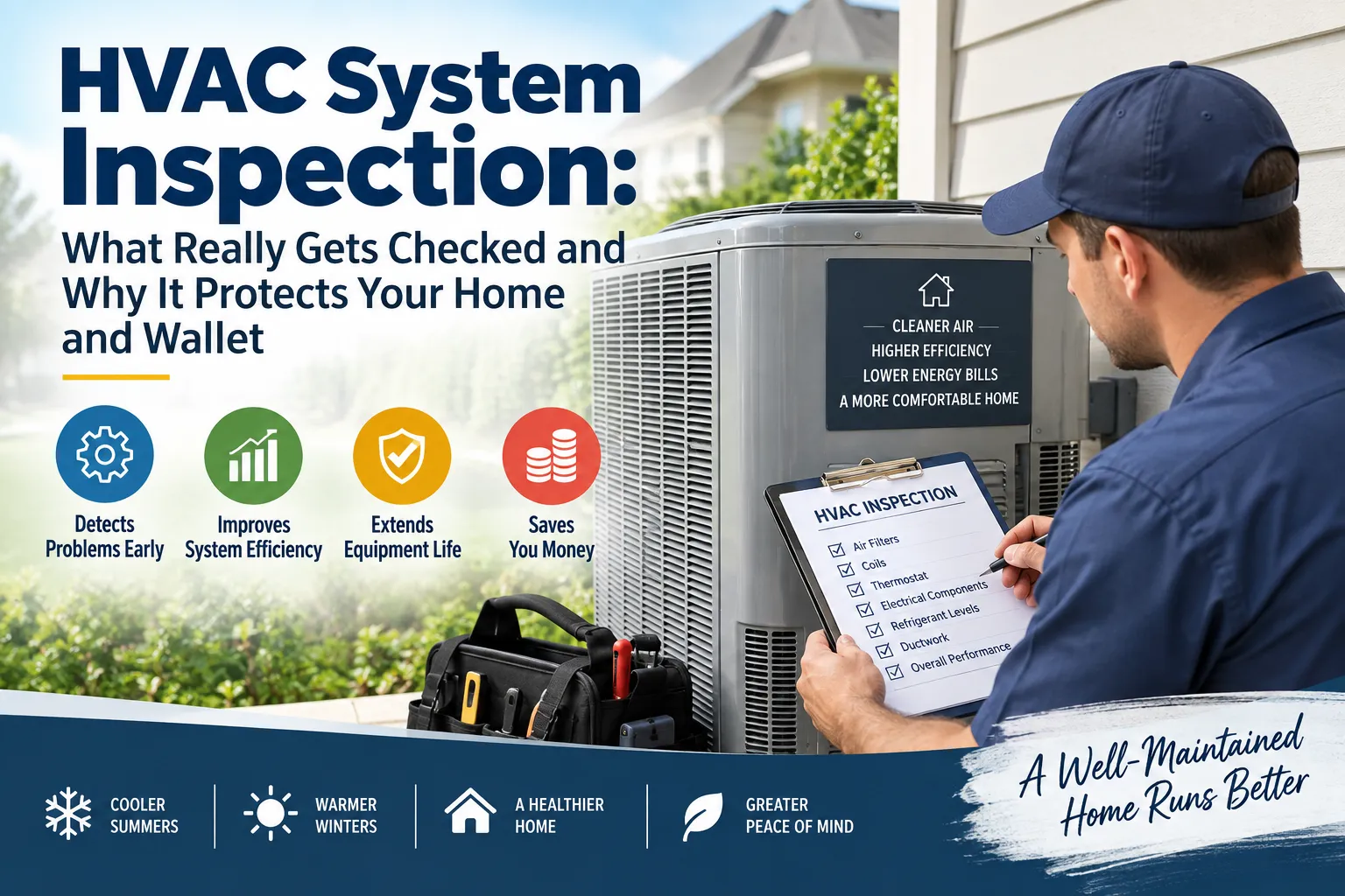 HVAC technician inspecting residential heating and cooling equipment during a system inspection
