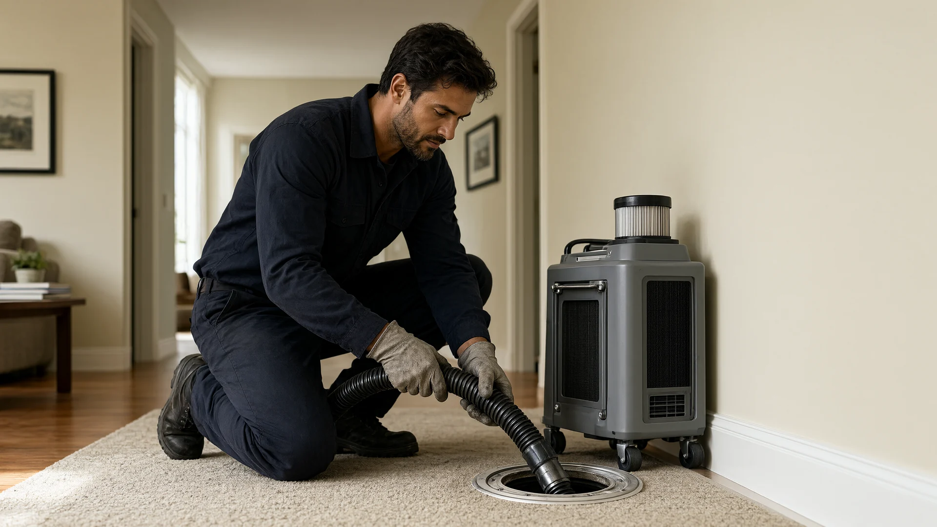HVAC technician connecting a vacuum hose to floor ductwork in an Orange County home